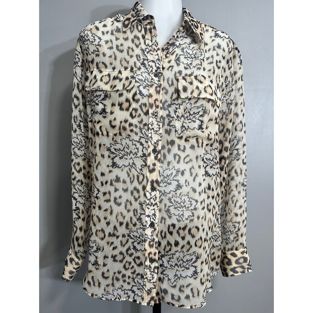 Equipment Leopard Floral Sheer Silk Button Down Blouse Small